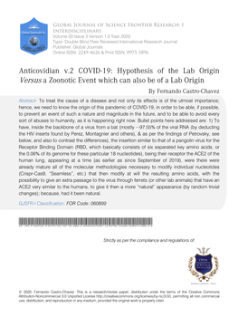 Anticovidian V.2 COVID-19: Hypothesis of the Lab Origin Versus a Zoonotic Event Which Can Also Be of a Lab Origin