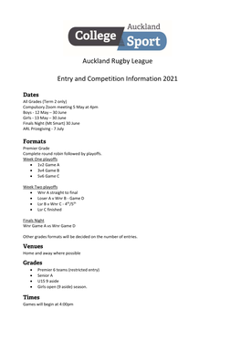 Auckland Rugby League Entry and Competition Information 2021