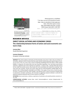 DIRECT SOCIAL ACTIONS and ECONOMIC CRISES the Relationship Between Forms of Action and Socio-Economic Con- Text in Italy