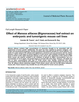 Effect of Mansoa Alliacea (Bignonaceae) Leaf Extract on Embryonic and Tumorigenic Mouse Cell Lines