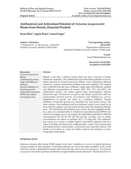 Antibacterial and Antioxidant Potential of Arisaema Jacquemontii Blume from Manali, Himachal Pradesh