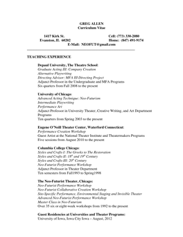 GREG ALLEN Curriculum Vitae 1417 Kirk St. Cell: (773) 330-2080