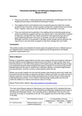 Fallowfield (Old Moat) and Withington Neighbourhood Mosaic Profile