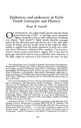 Epikouros and Epikouroi in Early Greek Literature and History Lavelle, Brian M Greek, Roman and Byzantine Studies; Fall 1997; 38, 3; Proquest Pg