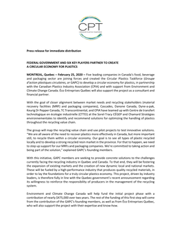 Press Release for Immediate Distribution FEDERAL