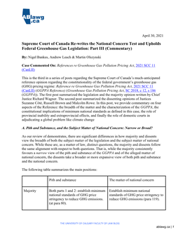 Supreme Court of Canada Re-Writes the National Concern Test and Upholds Federal Greenhouse Gas Legislation: Part III (Commentary)