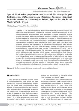 Crustacean Research 44 Crustacean Research 44 SPATIAL DISTRIBUTION and FEEDING POSTURE of HIPPA MARMORATA