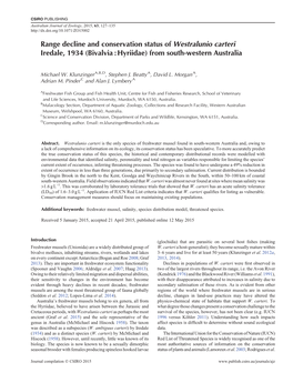 Range Decline and Conservation Status of Westralunio Carteri Iredale, 1934 (Bivalvia : Hyriidae) from South-Western Australia