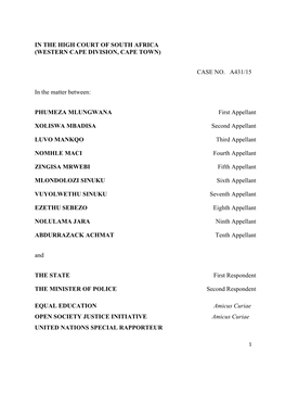 IN the HIGH COURT of SOUTH AFRICA (WESTERN CAPE DIVISION, CAPE TOWN) CASE NO. A431/15 in the Matter Between: PHUMEZA MLUNG