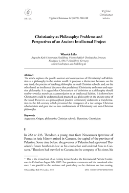 Christianity As Philosophy: Problems and Perspectives of an Ancient Intellectual Project