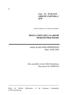 Case No IV/M.1419 - GROUPE COFINOGA / BNP