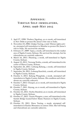 Appendix: Tibetan Self-Immolators, April 1998–May 2015