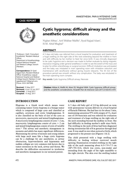 Cystic Hygroma; Difficult Airway and the Anesthetic Considerations