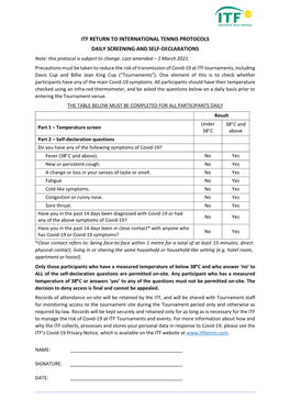 ITF RETURN to INTERNATIONAL TENNIS PROTOCOLS DAILY SCREENING and SELF-DECLARATIONS Note: This Protocol Is Subject to Change