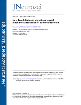 New Tmc1 Deafness Mutations Impact Mechanotransduction in Auditory Hair Cells