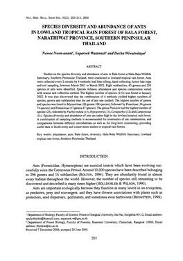 Species Diversity and Abundance of Ants in Lowland Tropical Rain Forest of Bala Forest ， Naratidwat Province ，Southern Peninsular Thailand