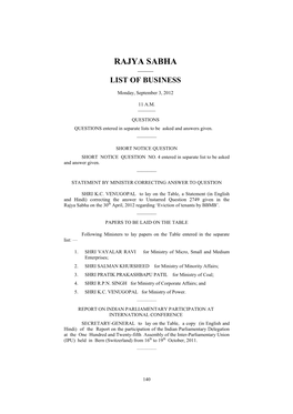 Rajya Sabha —— List of Business