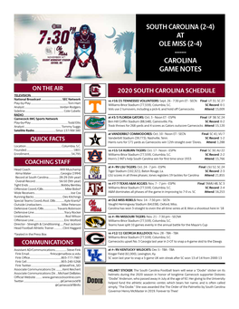 South Carolina (2-4) at Ole Miss (2-4) ----- Carolina Game Notes