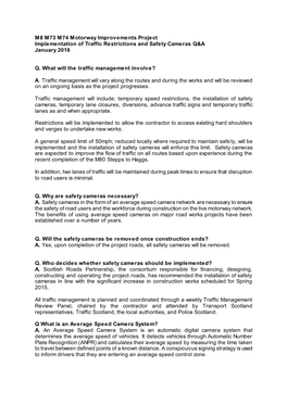 M8 M73 M74 Motorway Improvements Project Implementation of Traffic Restrictions and Safety Cameras Q&A January 2016