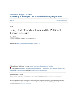 Tesla, Dealer Franchise Laws, and the Politics of Crony Capitalism Daniel A