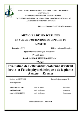 Evaluation De L'effet Antimicrobienne D'extrait Brute Et L'étude