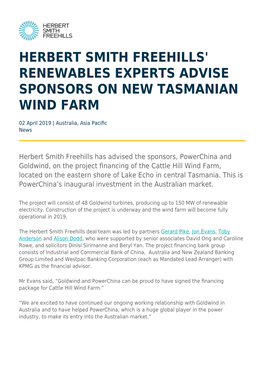 Renewables Experts Advise Sponsors on New Tasmanian Wind Farm