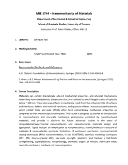 MIE 1744 – Nanomechanics of Materials