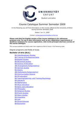 Course Catalogue Summer Semester 2009