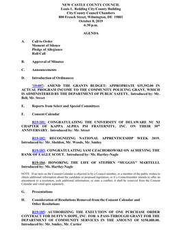 NEW CASTLE COUNTY COUNCIL Louis L. Redding City/County Building City/County Council Chambers 800 French Street, Wilmington, DE 19801 October 8, 2019 6:30 P.M