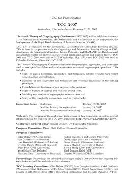 TCC 2007 Amsterdam, the Netherlands, February 21-24, 2007