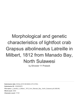 Morphological and Genetic Characteristics of Lightfoot Crab Grapsus Albolineatus Latreille in Milbert, 1812 from Manado Bay, North Sulawesi by Silvester 11 Pratasik