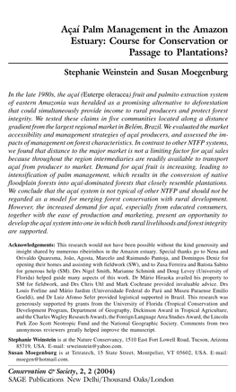 Açaí Palm Management in the Amazon Estuary / 315 Açaí Palm Management in the Amazon Estuary: Course for Conservation Or Passage to Plantations?