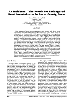 An Incidental Take Permit for Endangered Karst Invertebrates in Bexar County, Texas Steven W