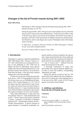 Changes in the List of Finnish Insects During 2001–2005