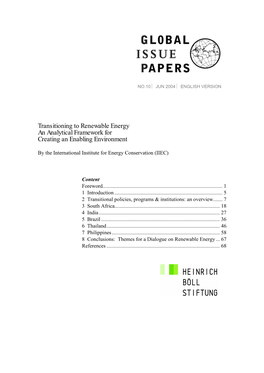 Transitioning to Renewable Energy an Analytical Framework for Creating an Enabling Environment