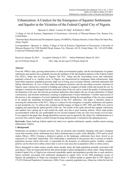 Urbanization: a Catalyst for the Emergence of Squatter Settlements and Squalor in the Vicinities of the Federal Capital City of Nigeria