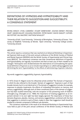 Definitions of Hypnosis and Hypnotizability and Their Relation to Suggestion and Suggestibility: a Consensus Statement