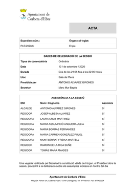 Ajuntament De Corbera D'ebre Expedient Núm.: Òrgan Col·Legiat