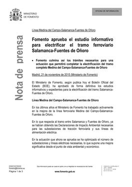 Fomento Aprueba El Estudio Informativo Para Electrificar El Tramo Ferroviario Salamanca-Fuentes De Oñoro