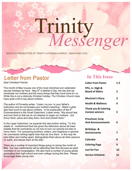 Letter from Pastor in This Issue Dear Christian Friends: Letter from Pastor 1-2