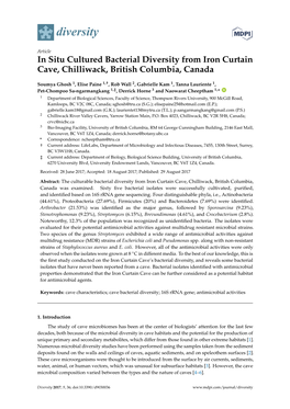 In Situ Cultured Bacterial Diversity from Iron Curtain Cave, Chilliwack, British Columbia, Canada