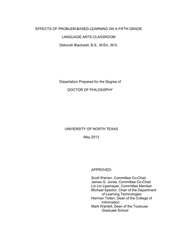 Effects of Problem-Based Learning on a Fifth Grade Language Arts Classroom. Doctor of Philosophy (Educational Computing), May 2013, 166 Pages