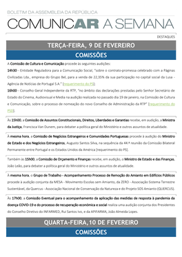 "Comunicar a Semana" | Destaques Das Reuniões Plenárias E Das Comissões Parlamentares (9 a 14 Janeiro De 2021)