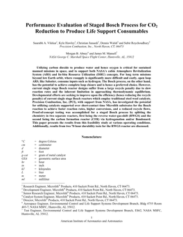 Performance Evaluation of Staged Bosch Process for CO2 Reduction to Produce Life Support Consumables