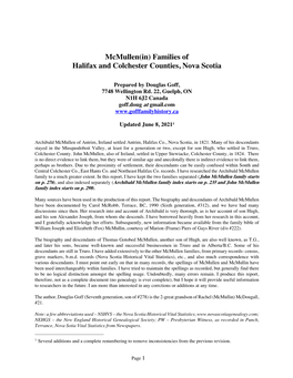 Mcmullen(In) Families of Halifax and Colchester Counties, Nova Scotia