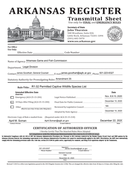 ARKANSAS REGISTER Transmittal Sheet Use Only for FINAL and EMERGENCY RULES
