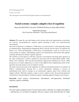 Social Systems: Complex Adaptive Loci of Cognition