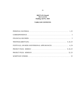 Ii- Finding Aid No. 1844 TABLE of CONTENTS PERSONAL MATERIAL