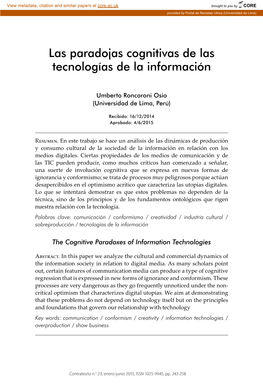 Las Paradojas Cognitivas De Las Tecnologías De La Información