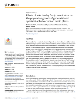 Effects of Infection by Turnip Mosaic Virus on the Population Growth of Generalist and Specialist Aphid Vectors on Turnip Plants